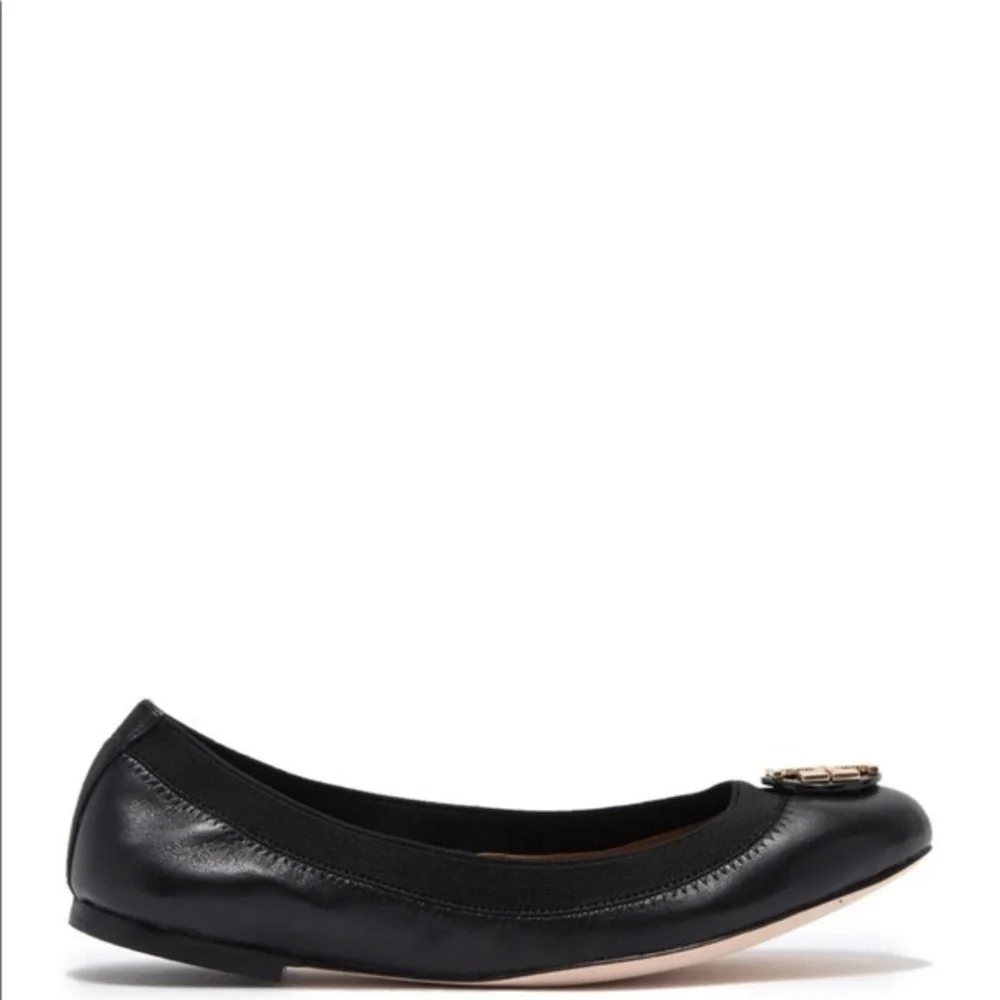 TORY BURCH Black Claire Elastic Ballet Flat with Gold Logo - Size 6.5